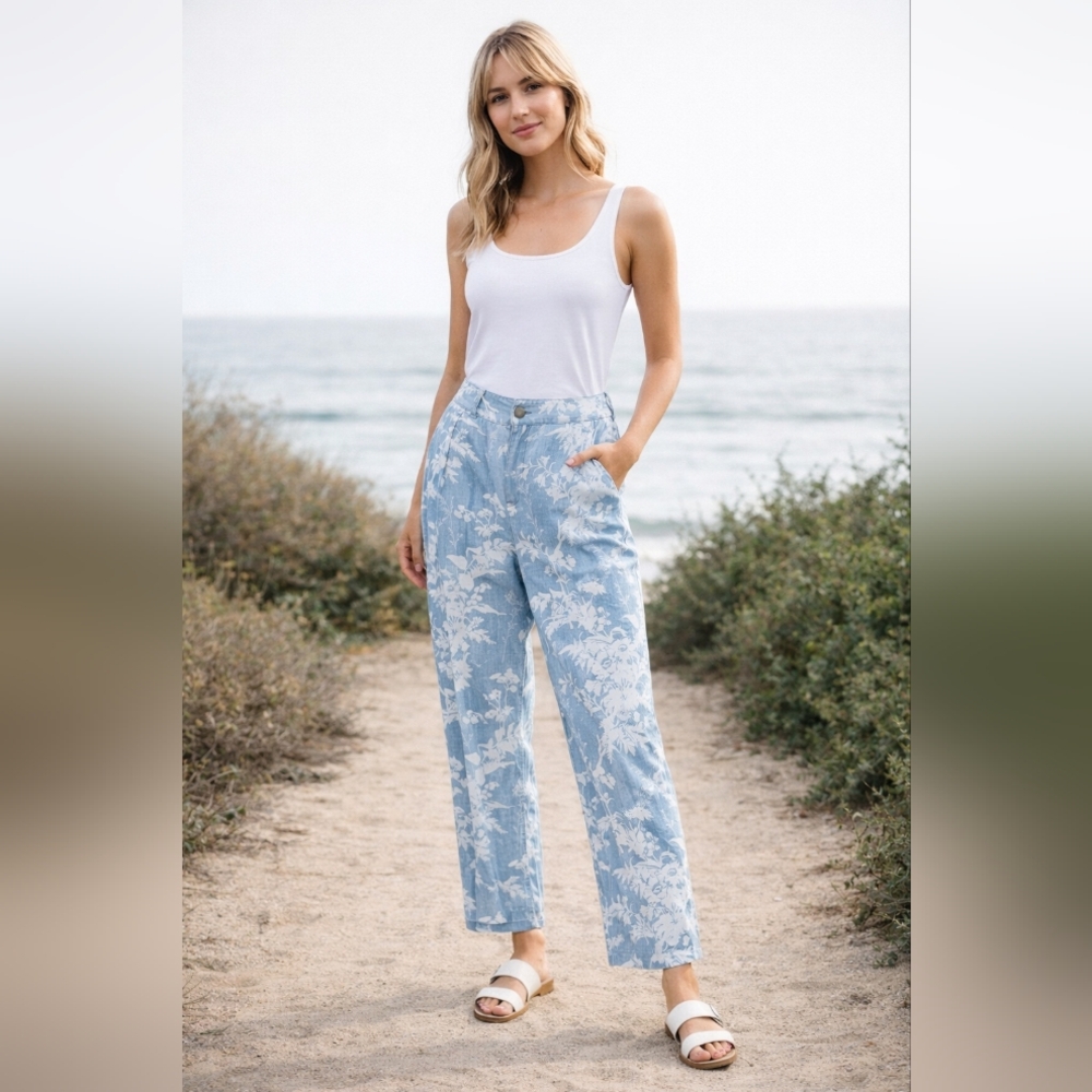 PAIGE Reeve Tropical Toile Lyocell Pants Blue White 8